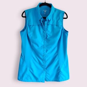 Reel Legends Womens L Sleeveless Fishing Shirt Blue Vented Button Down Top